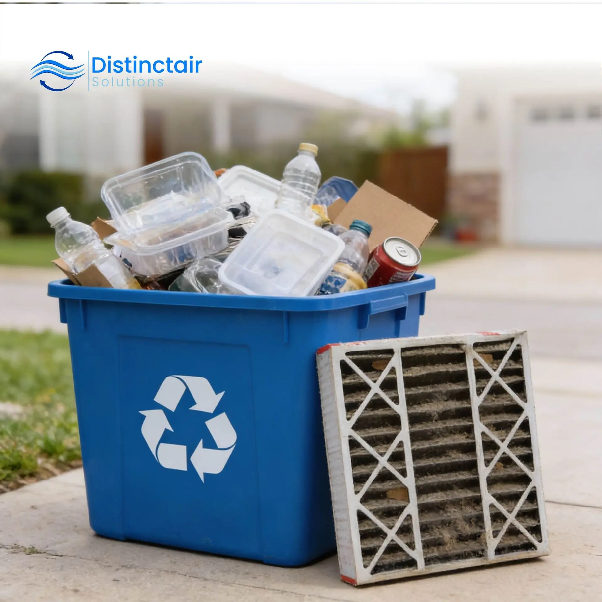 A used furnace filter lying beside a Blue Box recycling bin.