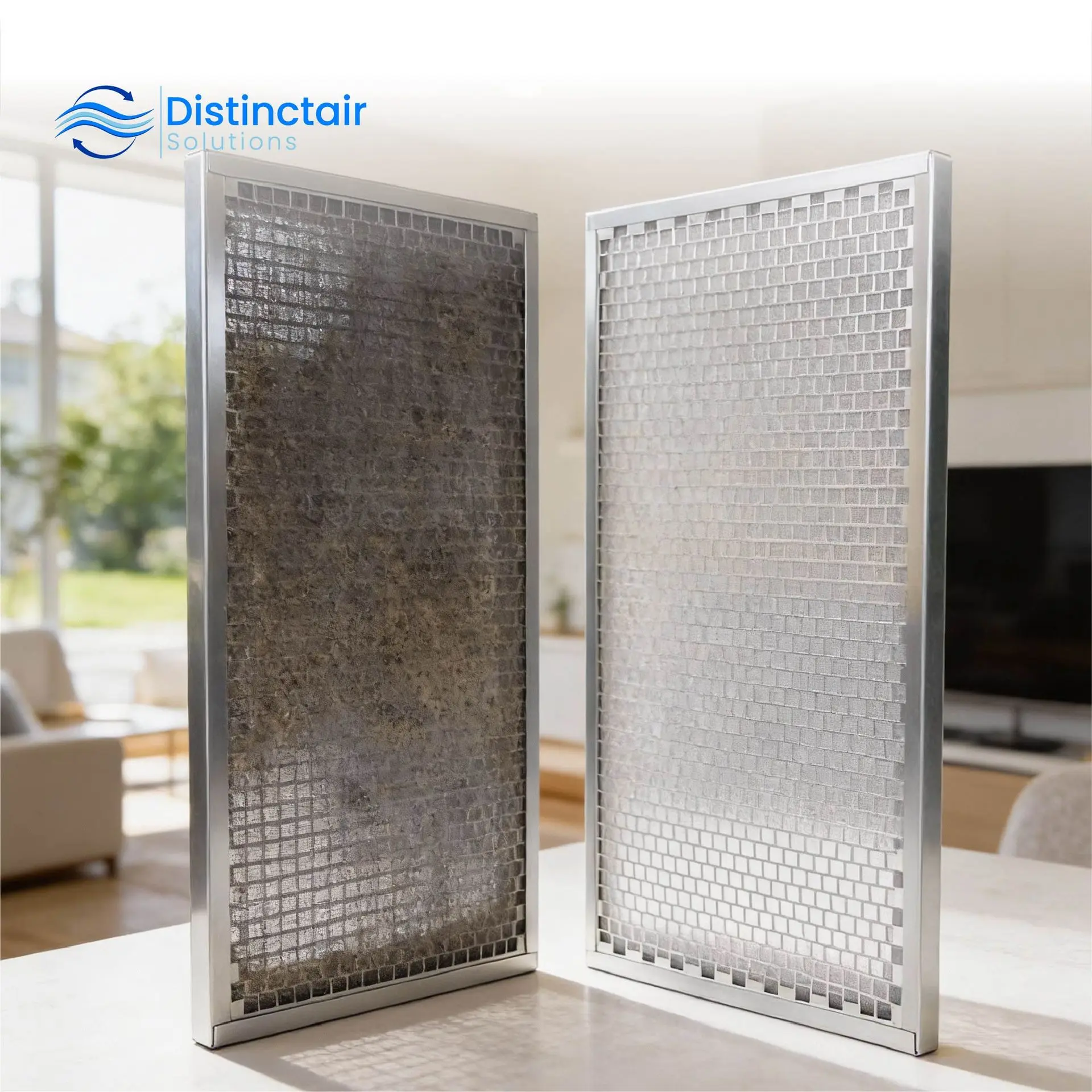 Why some homes need to change furnace filter more often: A dirty and a clean furnace filter in a living room, shown side by side at an angle