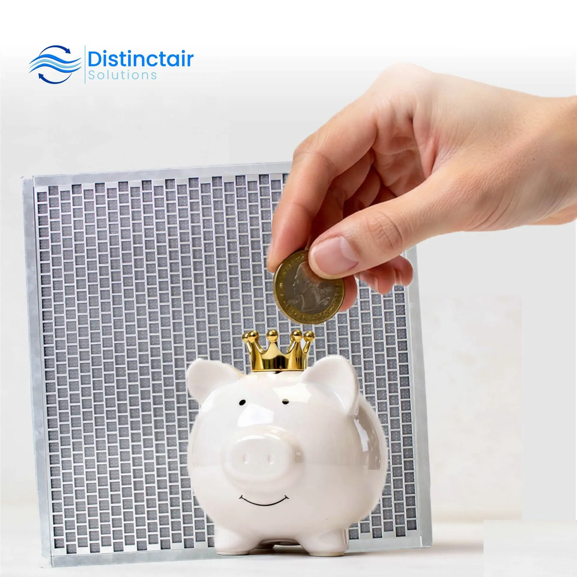 Washable Furnace Filters Impact Heating and Cooling Costs: Hand putting a coin in  a money box with a furnace filter in the background