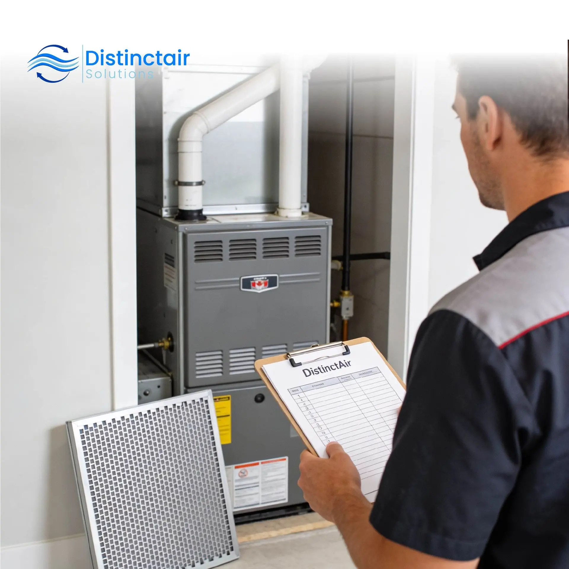 Man holding a house inspection checklist standing in front of a HVAC system with a furnace filter lying outside it