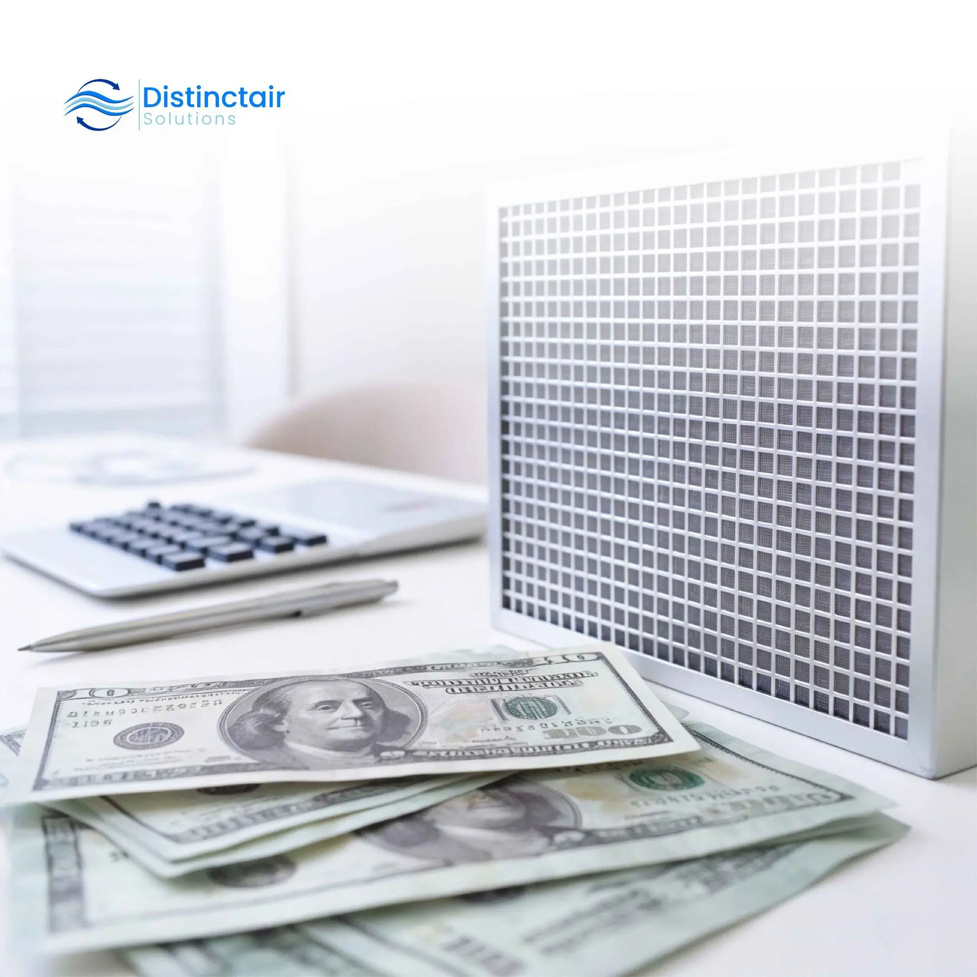 How to Save Money on Air Filters Blog Image: Washable furnace filter with money and calculator