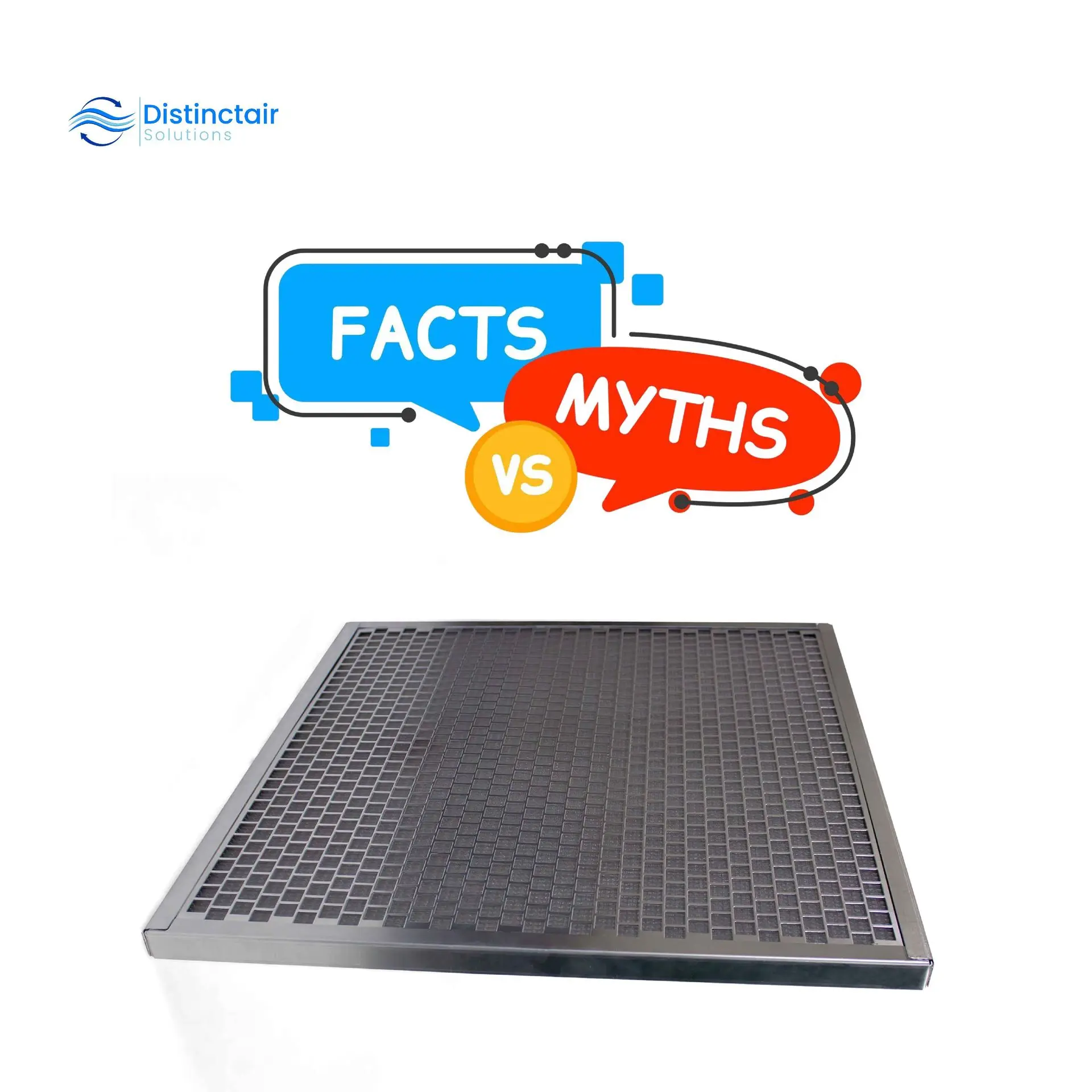 Furnace Filter Myths That Cost Money Blog Image: A furnace filter and speech bubbles with text "FACTS VS MYTHS"