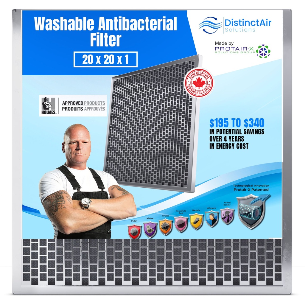 Filtre de fournaise réutilisable antimicrobien 20x20x1 (Protair-X)